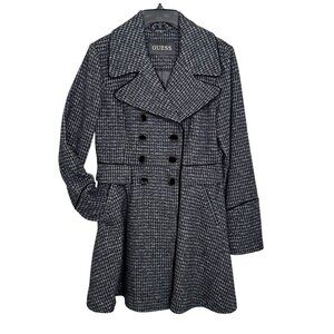 GUESS Houndstooth Wool Peacoat | Black & White Double-Breasted | Size Medium